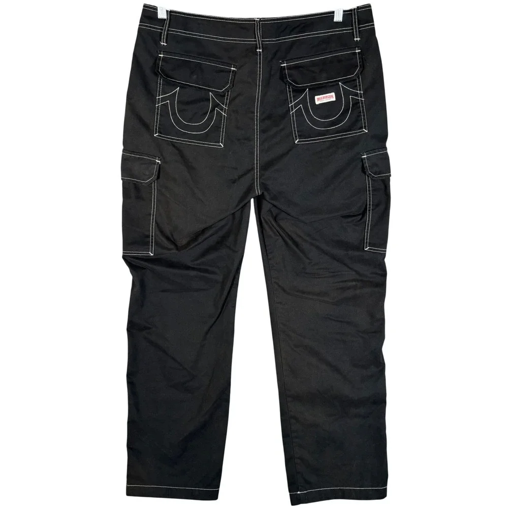 True Religion Mens Black White Contrast Stitch Cargo Pants 36x31 Rave Goth Y2K